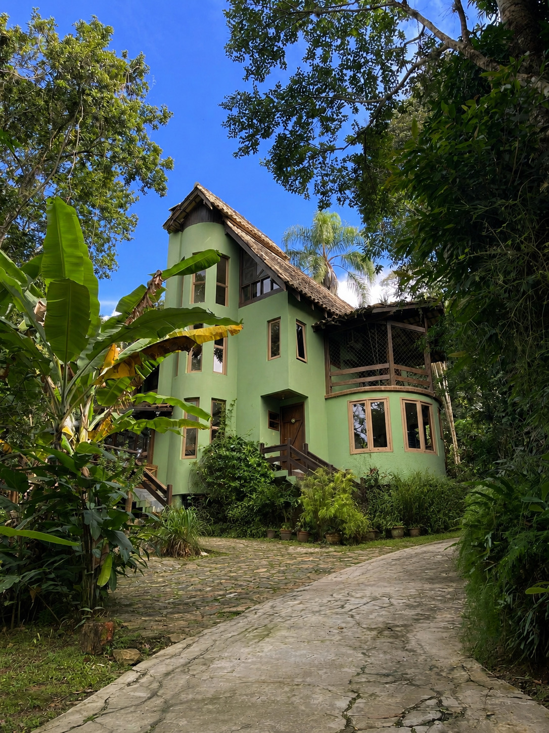 Exterior da casa cercada por natureza